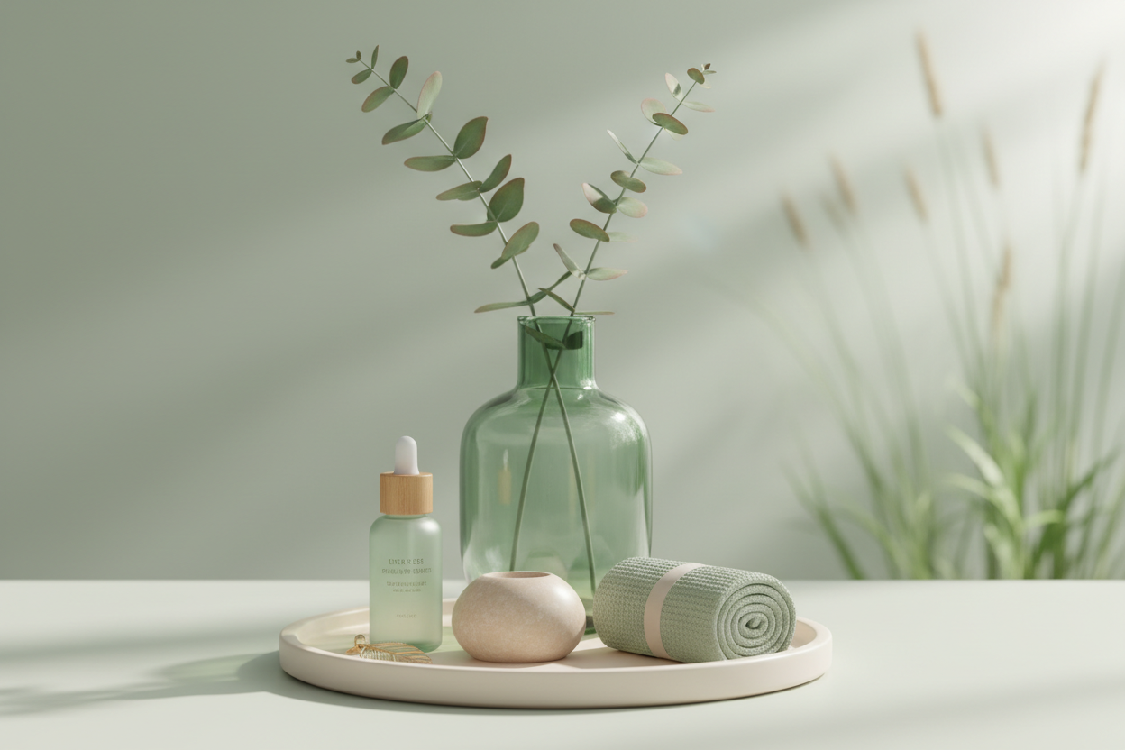 Imagen luminosa y calmada que transmite bienestar y autocuidado.
Escena minimalista en un entorno natural y sereno, con luz suave y difusa.
Tonos predominantes verde salvia y verde menta, combinados con blancos cálidos y pequeños detalles en tonos beige o dorado suave.
Fondo limpio y desenfocado, sin elementos que distraigan.
Sensación de calma, equilibrio y cuidado personal.
Estilo moderno, elegante y natural, sin saturación de color.
Composición sencilla y aireada, pensada para dejar espacio al texto en l
